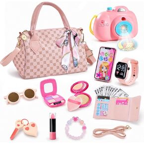 Play Purse for Little Girls, 32 Pcs Pretend Purse Set with Handbag, Animal Projector Camera, Toy Phone, Watch, Wallet & Make-up Accessories, Princess Toy, Birthday for Girl 3 4 6 Year in Kuwait