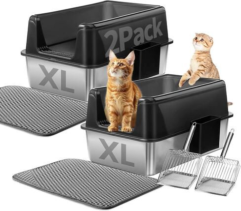 Marchul Enclosed Stainless Steel Cat Litter Box with Lid & Drawer Design for Indoor All Lifestyles Cats, Metal Covered Cat Litter Box, Baffles for Anti-Leakag, with Litter Scoop & Litter Mat in Kuwait