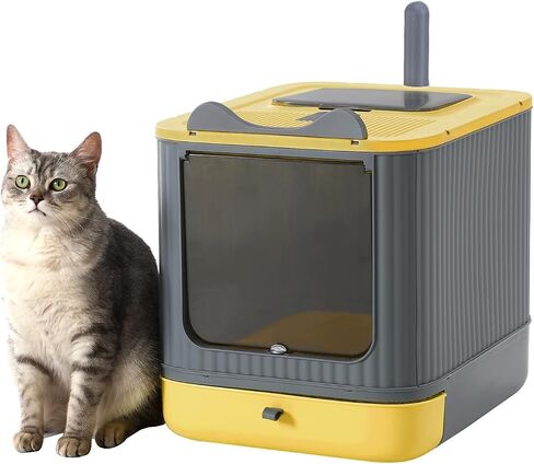 Foldable Enclosed Cat Litter Box with Lid, for Kitten to Medium, Gray-White in Kuwait