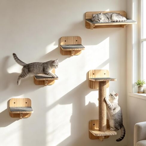 Cat Wall Shelves, Wood Cat Wall Furniture with Scratching Post, Floating Kitty Stairs & Steps for Climbing, Jumping and Napping, Multi-Level Cat Climbing System, Space-Saving in Saudi Arabia