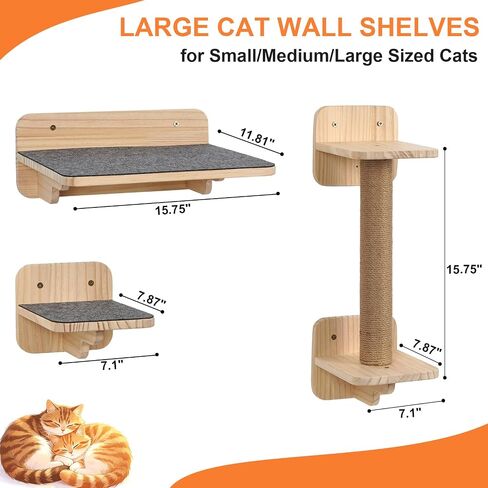 Cat Wall Shelves, Wood Cat Wall Furniture with Scratching Post, Floating Kitty Stairs & Steps for Climbing, Jumping and Napping, Multi-Level Cat Climbing System, Space-Saving in Saudi Arabia