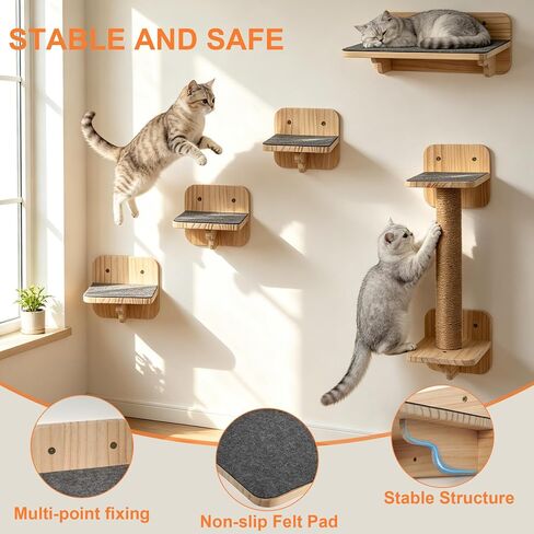Cat Wall Shelves, Wood Cat Wall Furniture with Scratching Post, Floating Kitty Stairs & Steps for Climbing, Jumping and Napping, Multi-Level Cat Climbing System, Space-Saving in Saudi Arabia