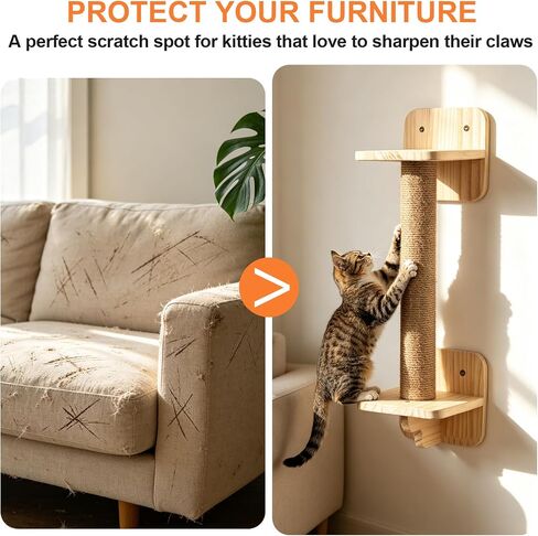 Cat Wall Shelves, Wood Cat Wall Furniture with Scratching Post, Floating Kitty Stairs & Steps for Climbing, Jumping and Napping, Multi-Level Cat Climbing System, Space-Saving in Saudi Arabia