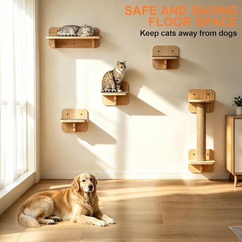Cat Wall Shelves, Wood Cat Wall Furniture with Scratching Post, Floating Kitty Stairs & Steps for Climbing, Jumping and Napping, Multi-Level Cat Climbing System, Space-Saving in Saudi Arabia