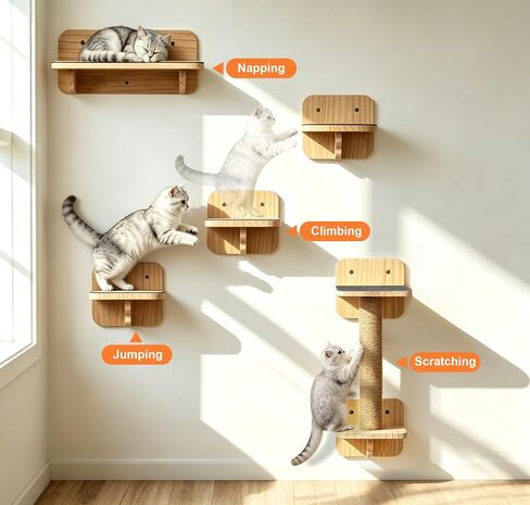 Cat Wall Shelves, Wood Cat Wall Furniture with Scratching Post, Floating Kitty Stairs & Steps for Climbing, Jumping and Napping, Multi-Level Cat Climbing System, Space-Saving in Saudi Arabia
