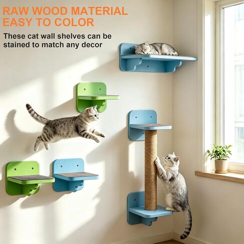 Cat Wall Shelves, Wood Cat Wall Furniture with Scratching Post, Floating Kitty Stairs & Steps for Climbing, Jumping and Napping, Multi-Level Cat Climbing System, Space-Saving in Saudi Arabia