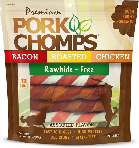 Pork Chomps Roasted Pork Skin Dog Chews, Long Lasting 6in Twists, 15 Count in Kuwait