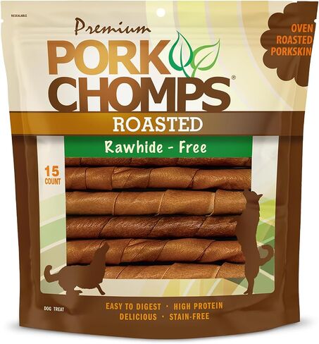 Pork Chomps Roasted Pork Skin Dog Chews, Long Lasting 6in Twists, 15 Count in Kuwait