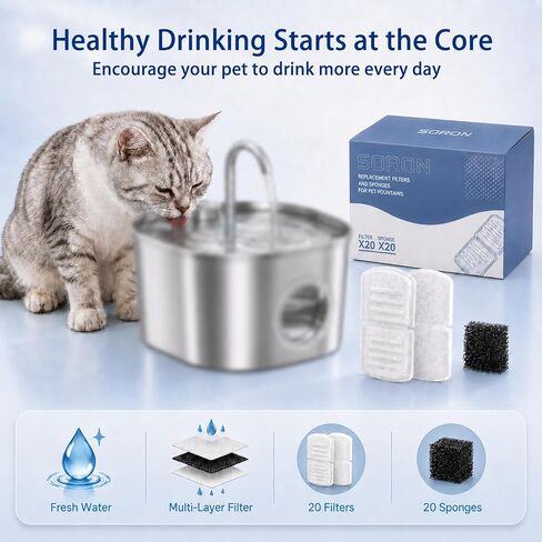 SORON 20 Pack Cat Water Fountain Filters Replacement, Compatible with GIOTOHUN/HOOISE/ATMZIQXR/UMOCUOY/IHOUONE 74oz/88oz/108oz Stainless Steel Pet Fountains, Premium Replacement Filters with Sponges in Kuwait