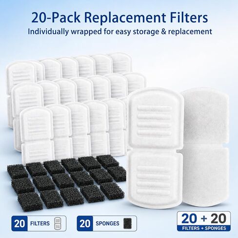 SORON 20 Pack Cat Water Fountain Filters Replacement, Compatible with GIOTOHUN/HOOISE/ATMZIQXR/UMOCUOY/IHOUONE 74oz/88oz/108oz Stainless Steel Pet Fountains, Premium Replacement Filters with Sponges in Kuwait