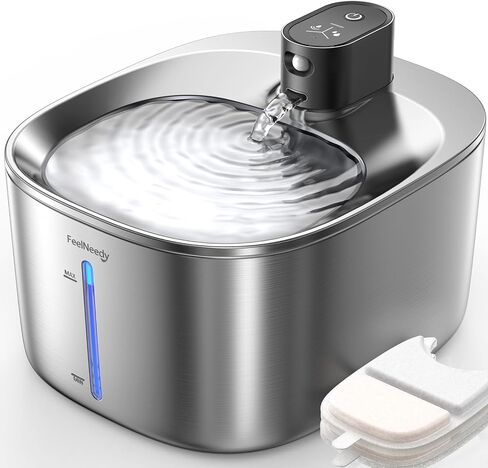 FEELNEEDY Wireless Cat Water Fountain Stainless Steel with Sensor, 4000mAh Battery Operated, 4L/135fl oz Pet Water Fountain for Cats Dogs, Ultra Quiet Cat Drinking Fountain with 2 Filters (YPD-C004S) in Kuwait