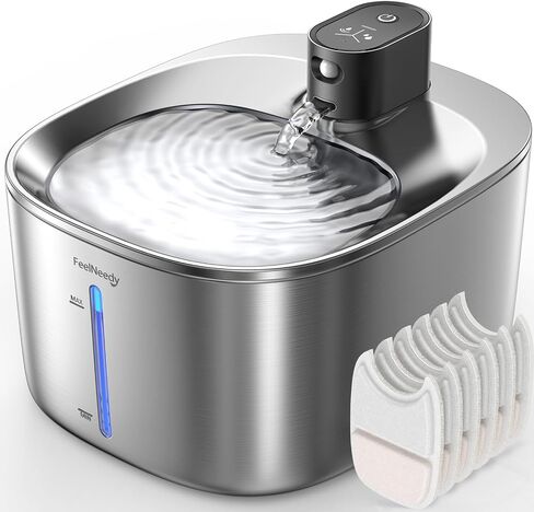 FEELNEEDY Wireless Cat Water Fountain Stainless Steel with Sensor, 4000mAh Battery Operated, 4L/135fl oz Pet Water Fountain for Cats Dogs, Ultra Quiet Cat Drinking Fountain with 2 Filters (YPD-C004S) in Kuwait