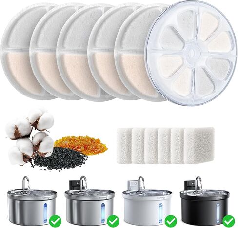 6 Pack Cat Water Fountain Filter & 6 Pack Pump Filter Sponges Replacement for [FN-W08L] and [FN-W06] - 6 Filters+1 ABS Shell+6 Sponges in Kuwait
