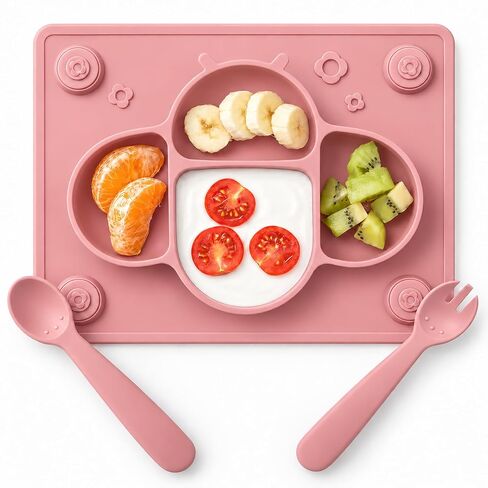 Suction Plates for Baby placemat Spoon Fork Set for Toddlers, Silicone Baby Plates with Suction Baby Dishes for Kids Plates-Dusty blue in Kuwait