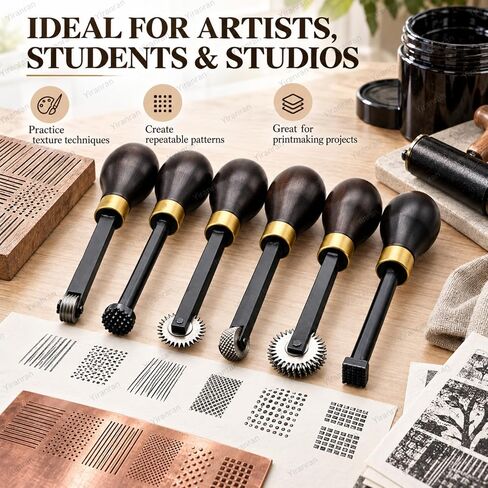 6-piece Printmaking Roulette Tool Set, Woodblock Carving Tool Set, Intaglio Etching Texture Wheels and Stippling Tools with Steel Heads and Wood Handles for Copper Plate, Woodblock and Engraving in Saudi Arabia
