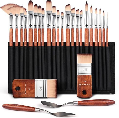 Fuumuui 25pcs Paint Brush Set, Professional 9 Shapes with Wide Flat, Filbert, Fan, Dagger, Cat Tongue, Round, Angle, Rigger for Acrylic Oil Watercolor | Includes Palette Knife & Waterproof Canvas Roll in Kuwait