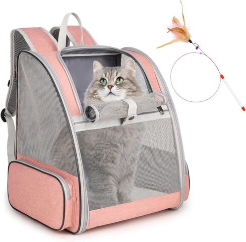 Cat Backpack Carrier, Small Dog Carrier Backpack with Fully Ventilated Mesh, Kitten Wand Feather Toy & Safety Leash, Collapsible Travel Hiking Pet Carrier for Small Dogs Cat Puppy Kitten Bunny (Blue) in Saudi Arabia