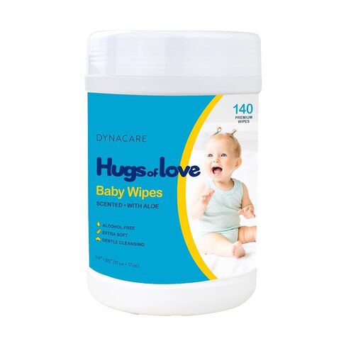 Dynarex DynaCare Hugs of Love Baby Wipes - Scented - Alcohol-Free Wipes with Aloe & Lanolin, Safe for Sensitive Skin - 140 Wipes per Canister in Saudi Arabia