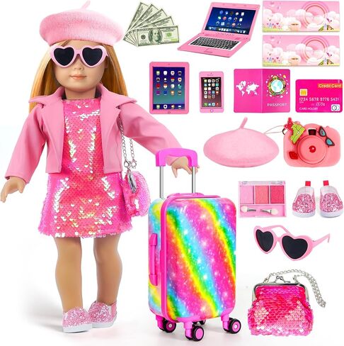 American 18 Inch Doll Suitcase Accessories Clothes Outfit with Makeup Set in Saudi Arabia