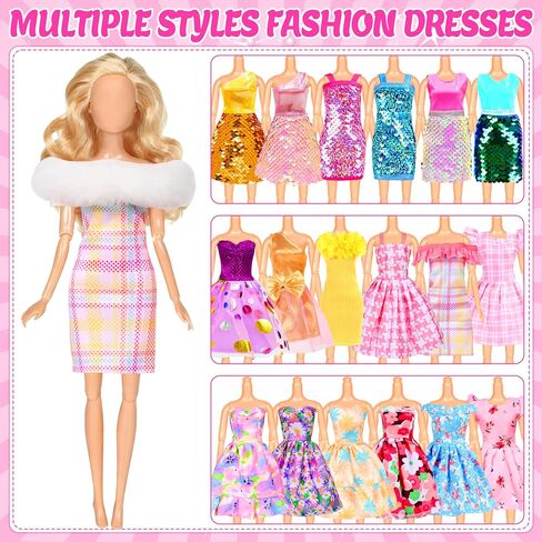 BYMORE 12 Set Doll Clothes Kit, Include Fashion Dresses, Floral Dresses, Sequins Dresses, Evening Party Dresses, Fairy Dresses with Wings, Tops and Pants in Gift Box for 11"-12" Dolls in Saudi Arabia