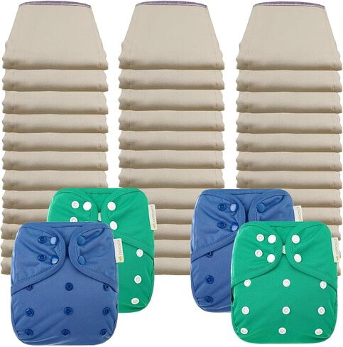 OsoCozy Economy Prefold Diaper Package - 3 Dz. Infant 4x8x4 Unbleached Better-Fit 100% Cotton Prefold Diapers (6-16 lbs) & 4 One-Size Diaper Covers (1 Feather, 1 Critter, 1 Blueberry, 1 Dragon) in Saudi Arabia