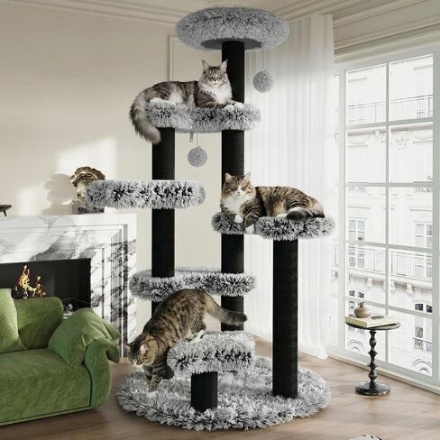 SHA CERLIN 61.5in Cat Tree Tower, Multi-Level Activity Center with Cozy Perch, Star-Shaped Platform, Moon Jumping Board, Sisal Scratching Posts, Hanging Toy Balls for Indoor Feline, Black and White in Kuwait