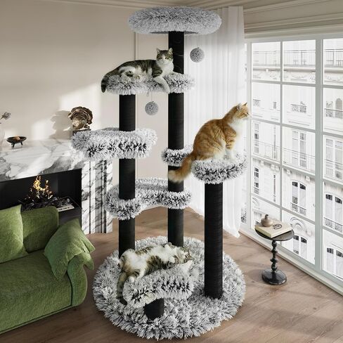 SHA CERLIN 61.5in Cat Tree Tower, Multi-Level Activity Center with Cozy Perch, Star-Shaped Platform, Moon Jumping Board, Sisal Scratching Posts, Hanging Toy Balls for Indoor Feline, Black and White in Kuwait