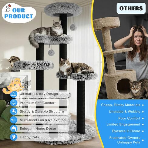 SHA CERLIN 61.5in Cat Tree Tower, Multi-Level Activity Center with Cozy Perch, Star-Shaped Platform, Moon Jumping Board, Sisal Scratching Posts, Hanging Toy Balls for Indoor Feline, Black and White in Kuwait