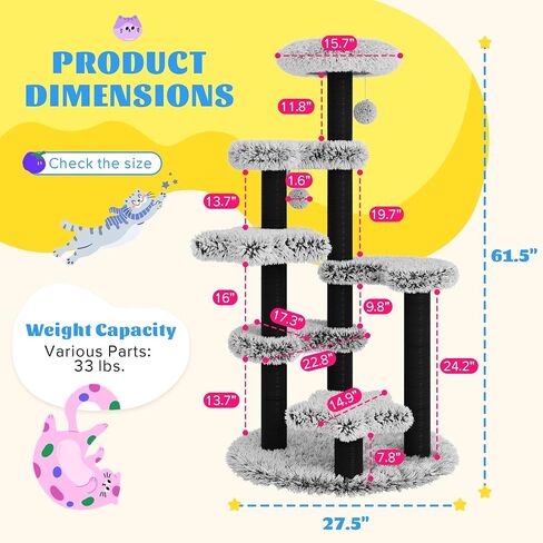 SHA CERLIN 61.5in Cat Tree Tower, Multi-Level Activity Center with Cozy Perch, Star-Shaped Platform, Moon Jumping Board, Sisal Scratching Posts, Hanging Toy Balls for Indoor Feline, Black and White in Kuwait