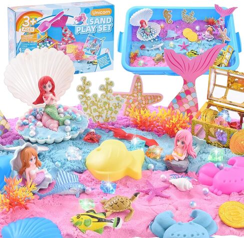 Volmop Unicorn Sensory Bin for Girl, 148pcs Play Sand Art Kit with Sandbox, 3.3lb Color Sand,Unicorn Tactile Sensory Toy for Girl Toddler Ages 3-8 in Kuwait