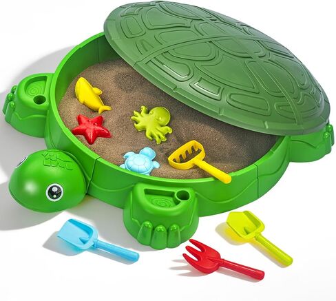 VROGTIK Turtle Sandbox with Lid & Beach Toys Set, 38" Kids Sandbox for Toddlers 3-8, Indoor Outdoor Sensory Play Sand Box with Cover, Summer Gift for Ages 3-8 in Kuwait