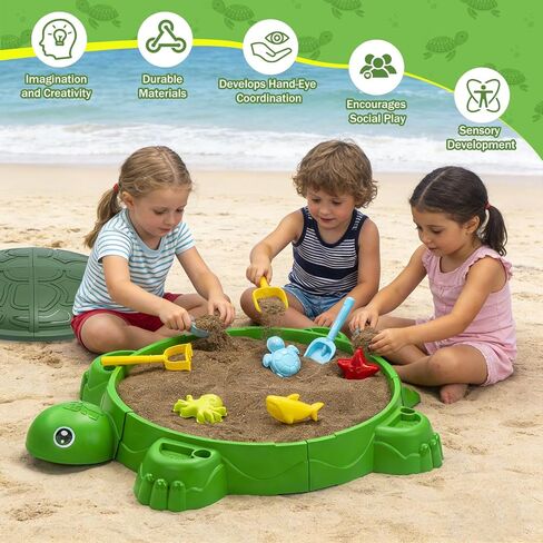 VROGTIK Turtle Sandbox with Lid & Beach Toys Set, 38" Kids Sandbox for Toddlers 3-8, Indoor Outdoor Sensory Play Sand Box with Cover, Summer Gift for Ages 3-8 in Kuwait