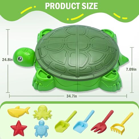 VROGTIK Turtle Sandbox with Lid & Beach Toys Set, 38" Kids Sandbox for Toddlers 3-8, Indoor Outdoor Sensory Play Sand Box with Cover, Summer Gift for Ages 3-8 in Kuwait