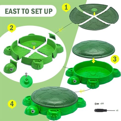 VROGTIK Turtle Sandbox with Lid & Beach Toys Set, 38" Kids Sandbox for Toddlers 3-8, Indoor Outdoor Sensory Play Sand Box with Cover, Summer Gift for Ages 3-8 in Kuwait