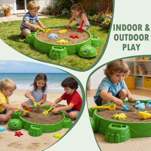VROGTIK Turtle Sandbox with Lid & Beach Toys Set, 38" Kids Sandbox for Toddlers 3-8, Indoor Outdoor Sensory Play Sand Box with Cover, Summer Gift for Ages 3-8 in Kuwait