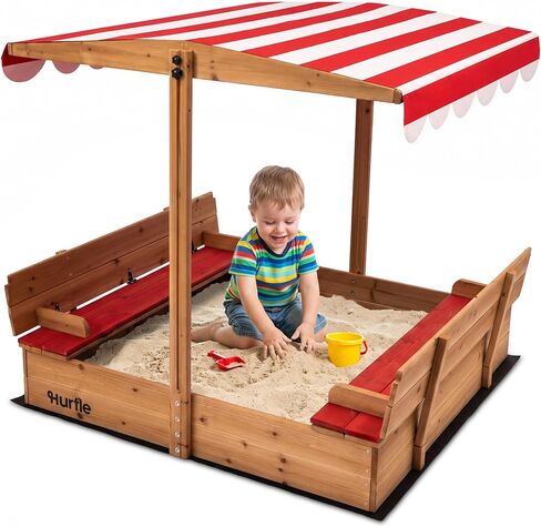 Hurtle Wooden Sandbox with Adjustable Hood for Kids, Sand Box with Lid and Canopy, UV Resistant Cover, Cedar Wood, Foldable Seat, Rounded Edges, Spacious Outdoor Sandbox with Cover 47.2x45.6 in Kuwait