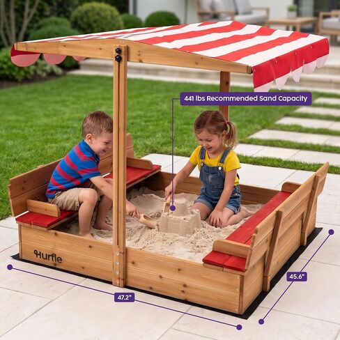 Hurtle Wooden Sandbox with Adjustable Hood for Kids, Sand Box with Lid and Canopy, UV Resistant Cover, Cedar Wood, Foldable Seat, Rounded Edges, Spacious Outdoor Sandbox with Cover 47.2x45.6 in Kuwait