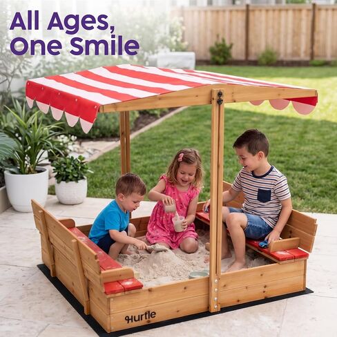 Hurtle Wooden Sandbox with Adjustable Hood for Kids, Sand Box with Lid and Canopy, UV Resistant Cover, Cedar Wood, Foldable Seat, Rounded Edges, Spacious Outdoor Sandbox with Cover 47.2x45.6 in Kuwait
