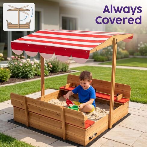 Hurtle Wooden Sandbox with Adjustable Hood for Kids, Sand Box with Lid and Canopy, UV Resistant Cover, Cedar Wood, Foldable Seat, Rounded Edges, Spacious Outdoor Sandbox with Cover 47.2x45.6 in Kuwait