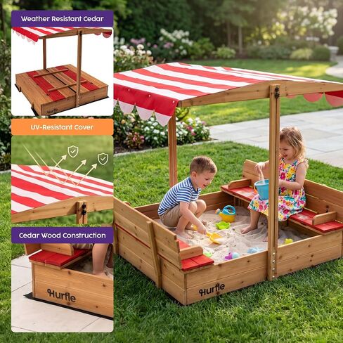 Hurtle Wooden Sandbox with Adjustable Hood for Kids, Sand Box with Lid and Canopy, UV Resistant Cover, Cedar Wood, Foldable Seat, Rounded Edges, Spacious Outdoor Sandbox with Cover 47.2x45.6 in Kuwait