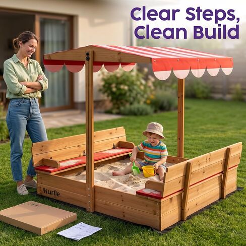 Hurtle Wooden Sandbox with Adjustable Hood for Kids, Sand Box with Lid and Canopy, UV Resistant Cover, Cedar Wood, Foldable Seat, Rounded Edges, Spacious Outdoor Sandbox with Cover 47.2x45.6 in Kuwait