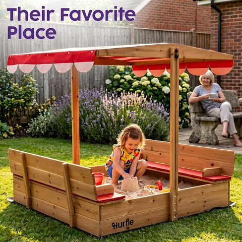 Hurtle Wooden Sandbox with Adjustable Hood for Kids, Sand Box with Lid and Canopy, UV Resistant Cover, Cedar Wood, Foldable Seat, Rounded Edges, Spacious Outdoor Sandbox with Cover 47.2x45.6 in Kuwait