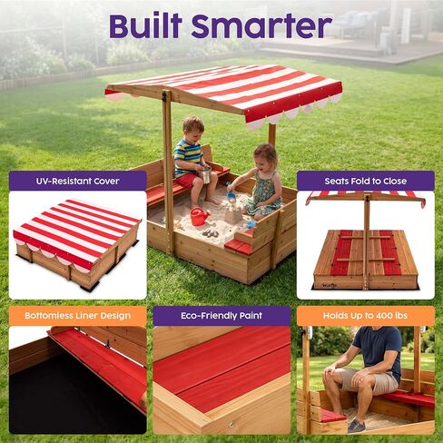Hurtle Wooden Sandbox with Adjustable Hood for Kids, Sand Box with Lid and Canopy, UV Resistant Cover, Cedar Wood, Foldable Seat, Rounded Edges, Spacious Outdoor Sandbox with Cover 47.2x45.6 in Kuwait