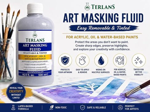TERLANS Art Masking Fluid | 16.8 fl.oz. (500 ml) | Easy Removable & Tinted | for Acrylic- Oil- and Water-Based Paints in Kuwait