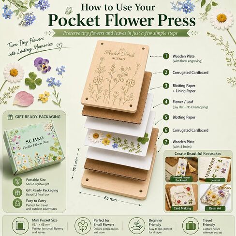Suziko Pocket Flower Press Kit, Portable Mini Wooden Flower Press with10 Layers Drying Boards & Papers in Kuwait