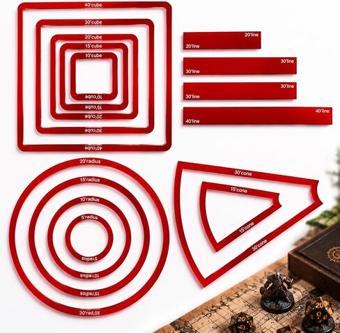Sintuff 15 Pcs Spell AOE Damage Template Red Translucent Acrylic Area of Effect Spell Templates Set Include 5 Cube 4 Circle 2 Cone 4 Line Templates for Gifts Tabletop RPG Gaming Accessories Tools in Kuwait