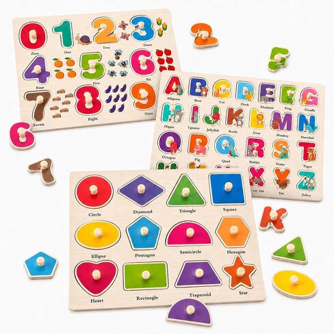Wooden Puzzles for Kids Ages 3-5, 3 Pack ABC Number and Shape Learning Toys in Saudi Arabia