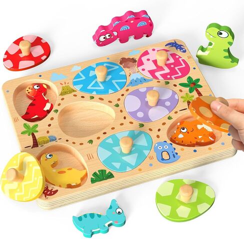Zeoddler Wooden Puzzles for Toddlers, 8 Pcs Dinosaur Matching Egg Puzzle, Montessori Toys for Boy Girl Easter Birthday Gifts, Preschool Learning Activities & Educational Toys for Boys, Girls in Kuwait