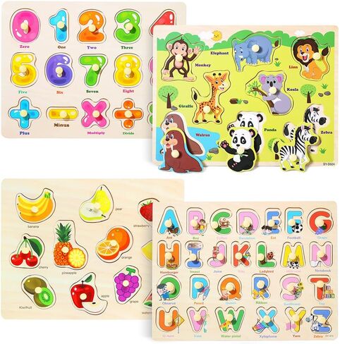 GRINNNIE Wooden Peg Puzzle for Toddlers 3 4 5 Years Old, 4 PCS Montessori Educational Learning Puzzles Set-Numbers, Letters, Animals and Fruits, Great Preschool Gifts for Girls and Boys in Kuwait