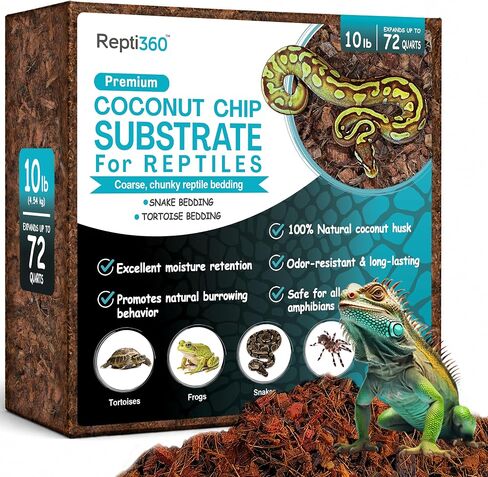 Premium Coconut Chip Substrate for Reptiles – 10 LB Block in Carton Box, Expands to 72 Quarts – Natural & Dust-Free Coco Husk Bedding for Ball Python, Bearded Dragon, Tortoise & Gecko in Saudi Arabia
